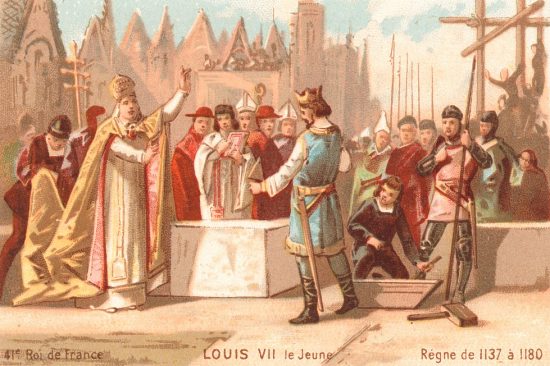 Le pape Alexandre III, en présence du roi Louis VII et de la reine de France, pose la première pierre de Notre-Dame de Paris en 1163. Chromolithographie de 1890 extraite d'une série sur l'Histoire de France