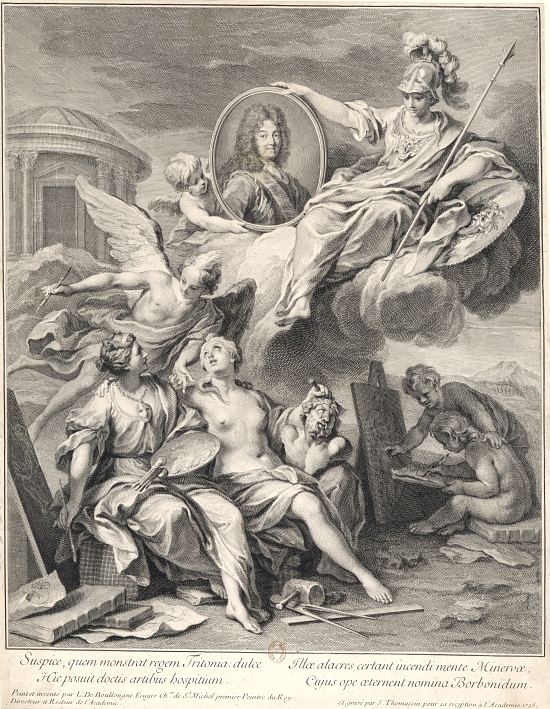 Louis XIV protégeant les Arts. Gravure de Henri Simon Thomassin d'après Louis de Boullogne (1728)