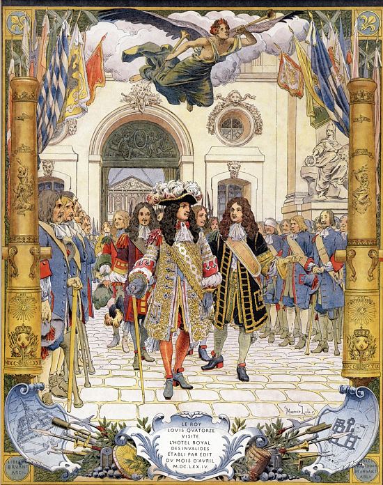 Louis XIV visite l'Hôtel des Invalides. Lithographie extraite du Roy Soleil, par Gustave Toudouze et Maurice Leloir (1931)