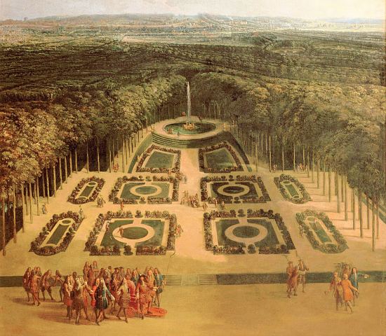 Promenade de Louis XIV dans les jardins du Grand Trianon. Peinture de Charles Chastelain (1713)