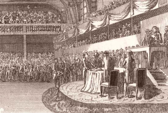 Discours de Louis XVI à l'Assemblée nationale le 19 avril 1791, pour se plaindre de l'opposition que l'on avait mise la veille à son voyage de Saint-Cloud. Estampe de 1791