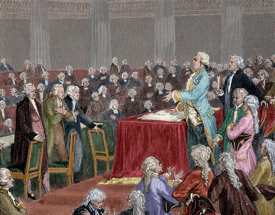 Louis XVI contraint d'adopter la Constitution de 1791 par l'Assemblée nationale. Gravure (colorisée ultérieurement) de Meyer Heine (1900)