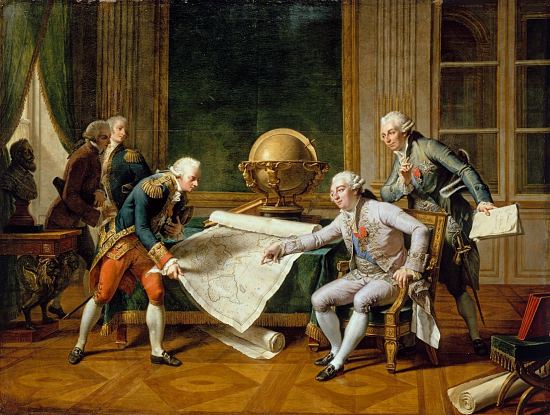 Louis XVI donnant ses instructions au capitaine de vaisseau La Pérouse en 1785. Peinture de Nicolas-André Monsiau (1754-1837)