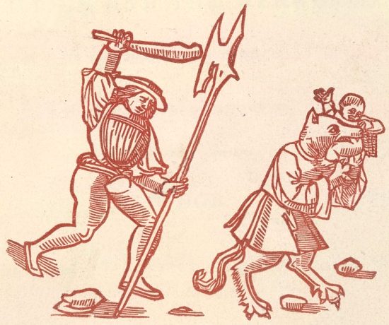 Homme armé poursuivant un loup-garou emportant un enfant dans sa gueule. Gravure extraite de William et le loup-garou, ouvrage paru à Londres en 1832