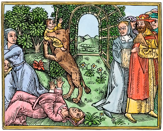Loup-garou emportant un enfant. Gravure (colorisée) du XVe siècle