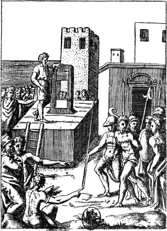 Machine à décollation du XVIe siècle. Dessin de l'italien Giulio Bonasone (1555)