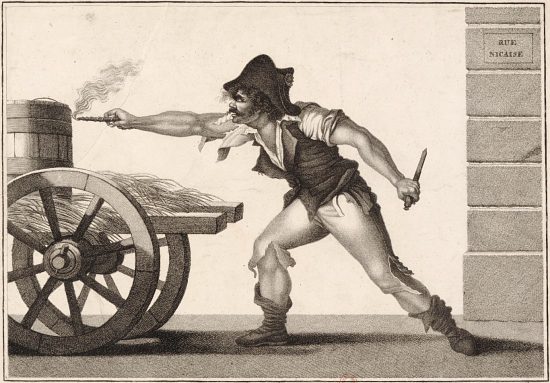 Pierre Robinault de Saint-Régent enflammant la mèche de la machine infernale. Gravure du temps