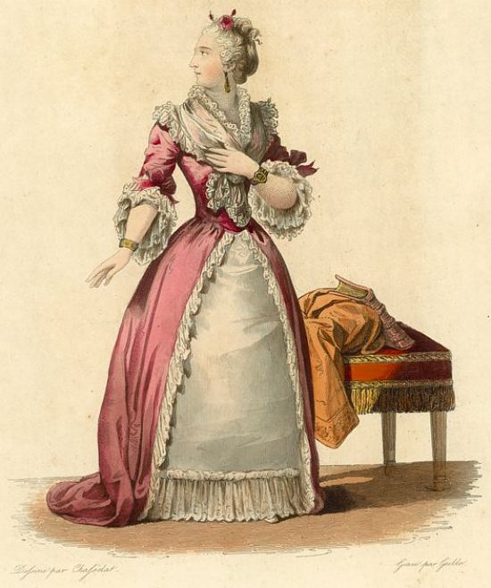 Mademoiselle Clairon. Lithographie (colorisée ultérieurement) parue dans Le Plutarque Français (1837-1841)