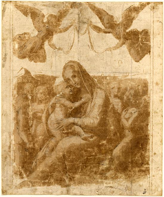 Madone d'humilité, couronnée par deux anges volant et entourée par six autres anges. Œuvre de Raphaël