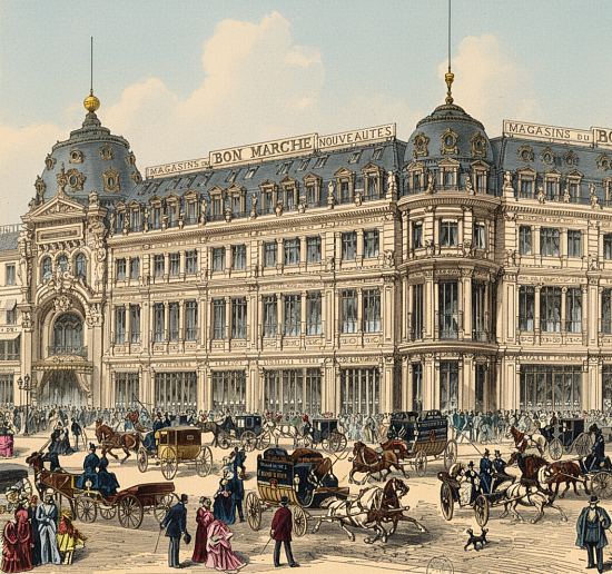 Magasins du Bon Marché. Détail d'une gravure (colorisée ultérieurement) de 1872