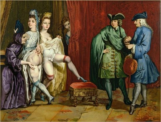 L'entremetteuse présente les jeunes filles de la maison close aux gentilshommes. Gravure (colorisée ultérieurement) de Bernard Picart réalisée dans la deuxième moitié du XVIIIe siècle