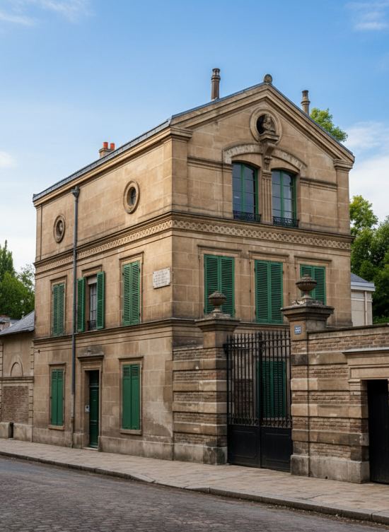 Maison où vécut Théophile Gautier à Neuilly de 1856 à sa mort. Photographie (colorisée ultérieurement) réalisée vers 1920