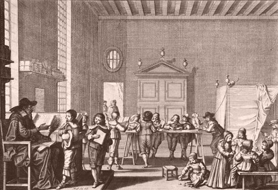 Le maître d'école. Estampe d'Abraham Bosse (1638)