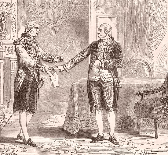 Le ministre Guillaume de Lamoignon de Malesherbes tentant en vain auprès du roi Louis XVI de faire supprimer les lettres de cachet en 1775. Gravure extraite de Histoire de la Bastille (par Auguste Maquet), paru en 1844