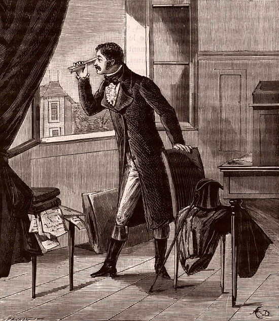 Étienne-Louis Malus observe en 1808 le reflet de la lumière du coucher de soleil sur les fenêtres du Luxembourg à travers un spath (minéral à structure cristalline et lamellaire)