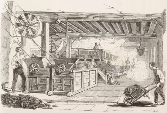 Intérieur d'une manufacture de sucre de betterave. Gravure parue dans l'Illustration (1843)