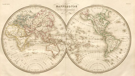 Mappemonde en deux hémisphères extraite de l'Atlas complet du Précis de la Géographie Universelle de Malte-Brun par Jean Jacques Nicolas Huot, édition de 1837
