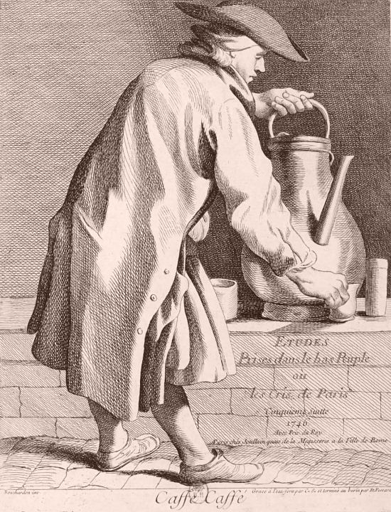 Marchand ambulant de café. Gravure d'Edmé Bouchardon de 1746 extraite d'Études prises dans le bas peuple ou Les cris de Paris