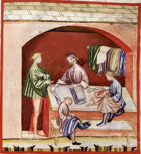 Marchands de soie. Enluminure extraite du Tacuinum sanitatis (vers 1390-1400)