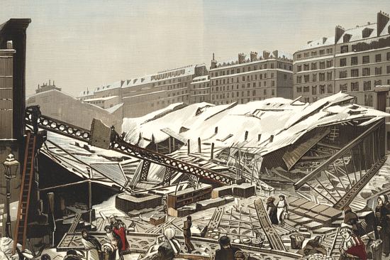 À Paris, le marché Saint-Martin s'écroule sous le poids de la neige en décembre 1879. Gravure d'époque colorisée ultérieurement