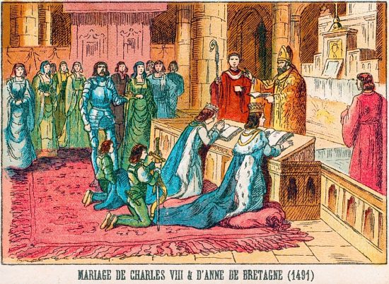 Le mariage du roi Charles VIII et d'Anne de Bretagne en 1491. Chromolithographie du début du XXe siècle