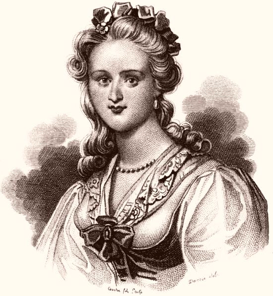 Marie-Jeanne Riccoboni. Gravure extraite des Œuvres de madame Riccoboni précédées d'une notice et d'observations sur ses écrits (par La Harpe, Grimm et Diderot), édition de 1826