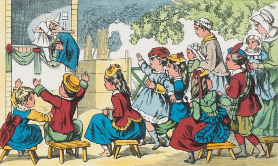 Théâtre de marionnettes. Gravure du XIXe siècle