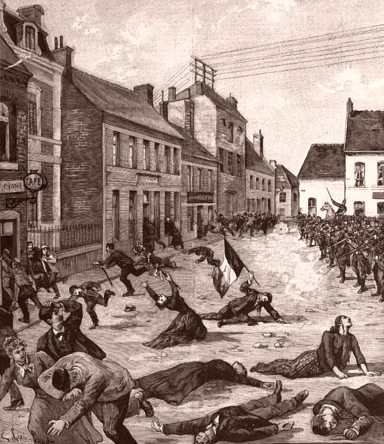 Les événements de Fourmies, d'après les photographies de M. Perron. Gravure illustrant la couverture du Petit Parisien. Supplément littéraire illustré du 17 mai 1891