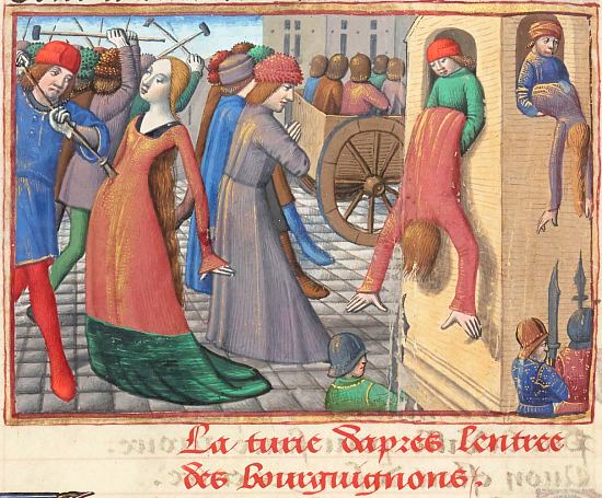 Massacre des habitants de Paris en 1418 après l'entrée des Bourguignons. Enluminure extraite des Vigiles de Charles VII par Martial d'Auvergne (1484), manuscrit français n°5054 de la BnF