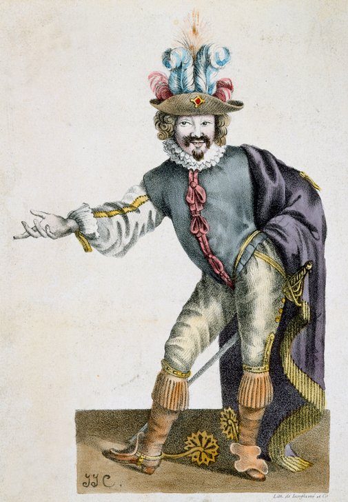 Le comédien Bellemore dans le rôle de Matamore au XVIIIe siècle, personnage de L'Illusion comique, pièce de Corneille