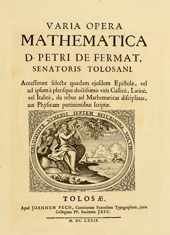 Page de titre de l'édition de 1679 de Varia opera mathematica de Pierre de Fermat