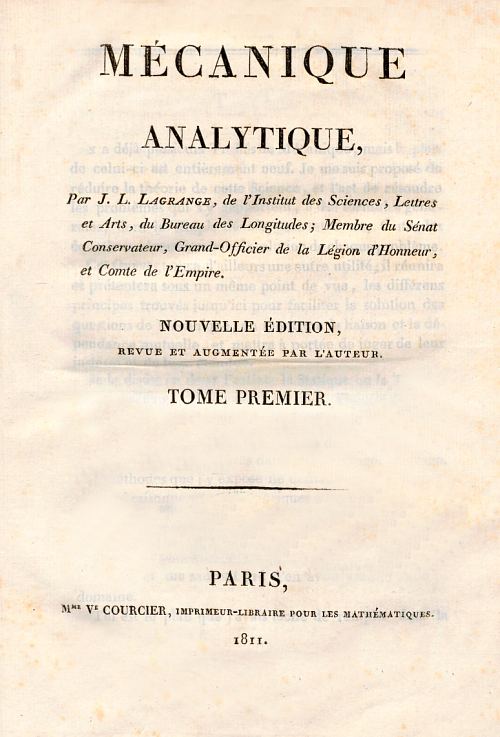 Page de titre de Mécanique analytique (par Joseph-Louis Lagrange), Tome premier, édition de 1811