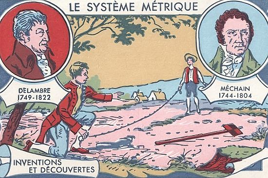 Delambre et Méchain menèrent des travaux de mesure d'un arc du méridien terrestre reliant Dunkerque et Barcelone. Chromolithographie publicitaire du début du XXe siècle