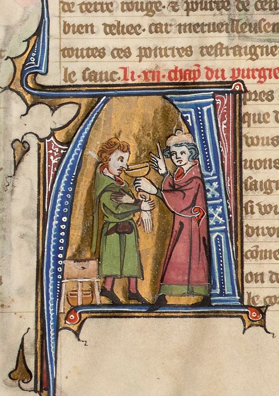 Initiale A avec représentation d'un médecin conseillant un patient d'allonger son vin avec de l'eau. Enluminure extraite du Recueil de traités de médecine et image du monde (manuscrit français n°12323, milieu du XIVe siècle)