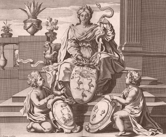 Frontispice réalisé par Chauveau de l'ouvrage An Volvulo Balneum ? (1659) et représentant la médecine ou la Faculté de médecine tenant d'une main le bâton chargé d'un serpent et de l'autre un écusson aux armes de la Faculté de médecine de Paris. Deux génies soutiennent des écussons aux armes des apothicaires