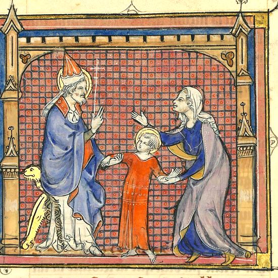Mère confiant son enfant à un maître chargé de l'instruire. Enluminure extraite de Miroir historial (manuscrit n°5080 de la Bibliothèque de l'Arsenal) par Vincent de Beauvais (vers 1335)
