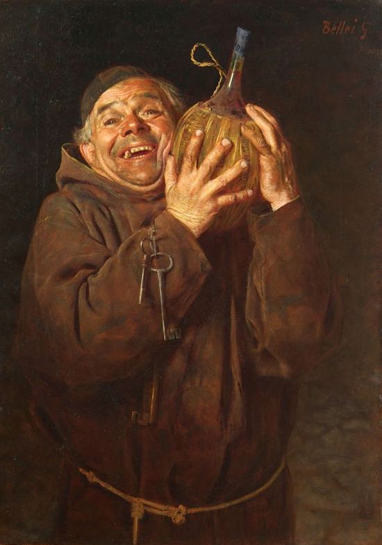Moine à la bouteille de vin. Peinture de Gaetano Bellei (1857-1922)