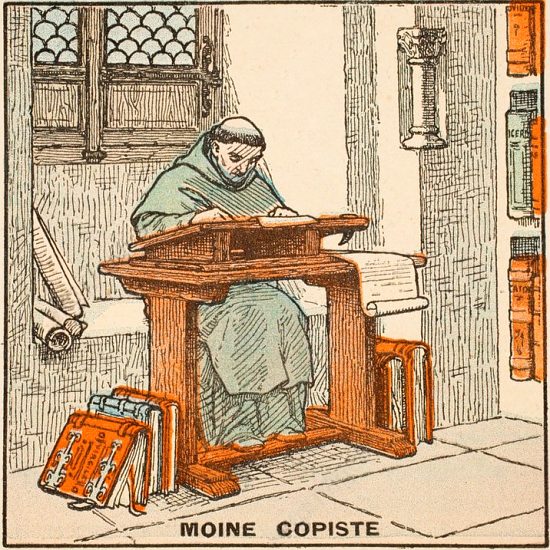 Moine copiste. Illustration extraite de Histoire de France, par Gustave Gautherot (1934)