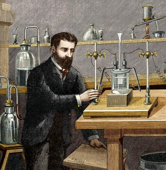 Henri Moissan isolant le fluor en 1886. Illustration (colorisée) extraite de Physique Populaire (1891)