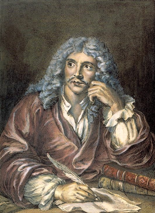 Jean-Baptiste Poquelin dit Molière. Gravure (colorisée) de Bernard Lépicie (1698-1755) réalisée d'après la peinture de Charles-Antoine Coypel (1750)