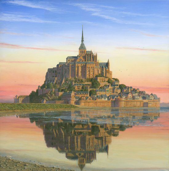 Le jour se lève sur le Mont Saint-Michel. Peinture de Richard Harpum (2011)