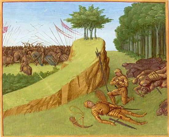 Mort de Roland lors de la bataille de Roncevaux en 778. Enluminure de Jean Fouquet extraite des Grandes chroniques de France (vers 1460)