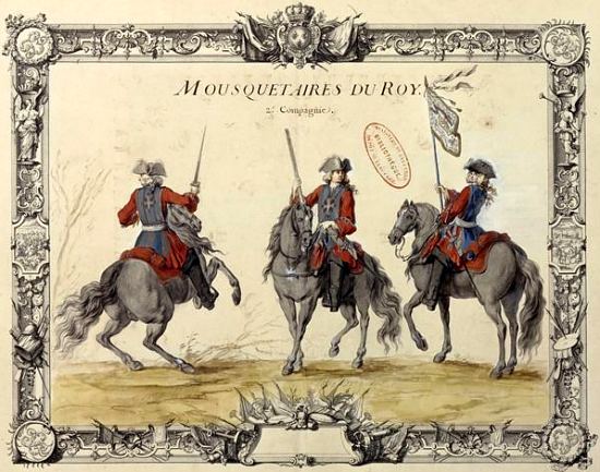 Mousquetaires de la deuxième compagnie. Lithographie extraite de Infanterie et gardes françaises (Tome 3) par Jacques-Antoine Delaistre, paru en 1721