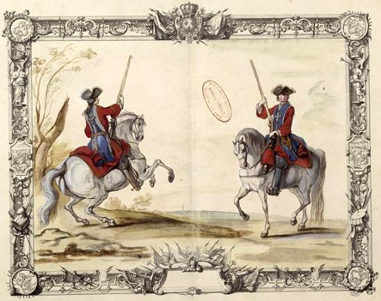 Mousquetaires de la première compagnie. Lithographie extraite de Infanterie et gardes françaises (Tome 3) par Jacques-Antoine Delaistre, paru en 1721