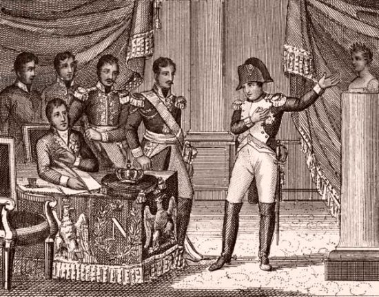 Vers l'exil. Napoléon Ier abdique le 22 juin 1815 et proclame son fils Napoléon II (alors âgé de 4 ans) empereur des Français