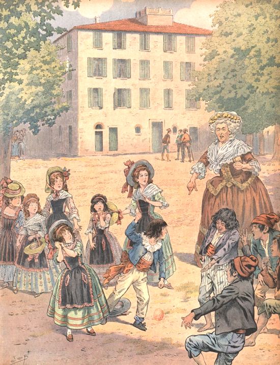 Napoléon enfant se bagarrant, sa mère le rappelant à l'ordre. Illustration de Jacques Onfroy de Bréville (JOB) extraite de Bonaparte, de Georges Montorgueil et JOB (1910)