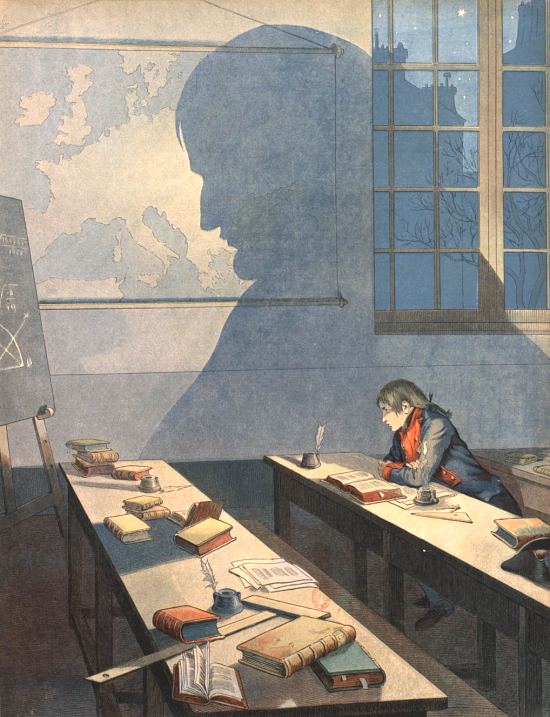 Napoléon à Brienne en 1779. Il lui arrive souvent de prolonger ses veillées laborieuses dans la salle d'études. Illustration de Jacques Onfroy de Bréville (JOB) extraite de Bonaparte, de Georges Montorgueil et JOB (1910)