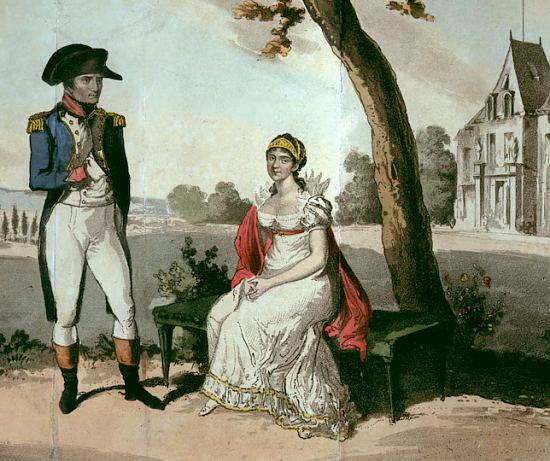 Napoléon Ier en compagnie de son épouse, Joséphine de Beauharnais, dans les jardins du château de Malmaison. Illustration de Jean-Baptiste Isabey (1767-1855)