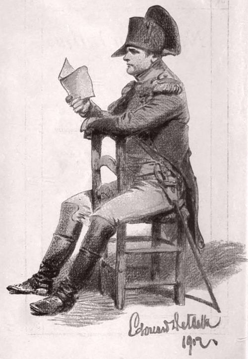 Napoléon Bonaparte lisant. Dessin d'Édouard Detaille publié dans l'édition 1902 de Napoléon intime par Arthur Lévy