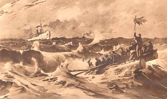 Le naufrage du paquebot Afrique, reconstitué d'après le témoignage d'un rescapé. Dessin paru dans Le Miroir du 25 janvier 1920